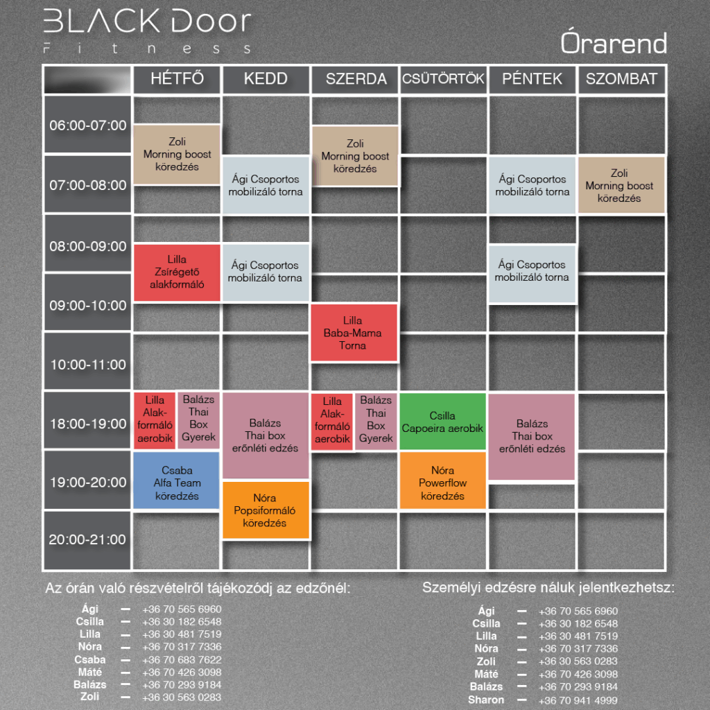 Black Door Fitness - Október Órarend